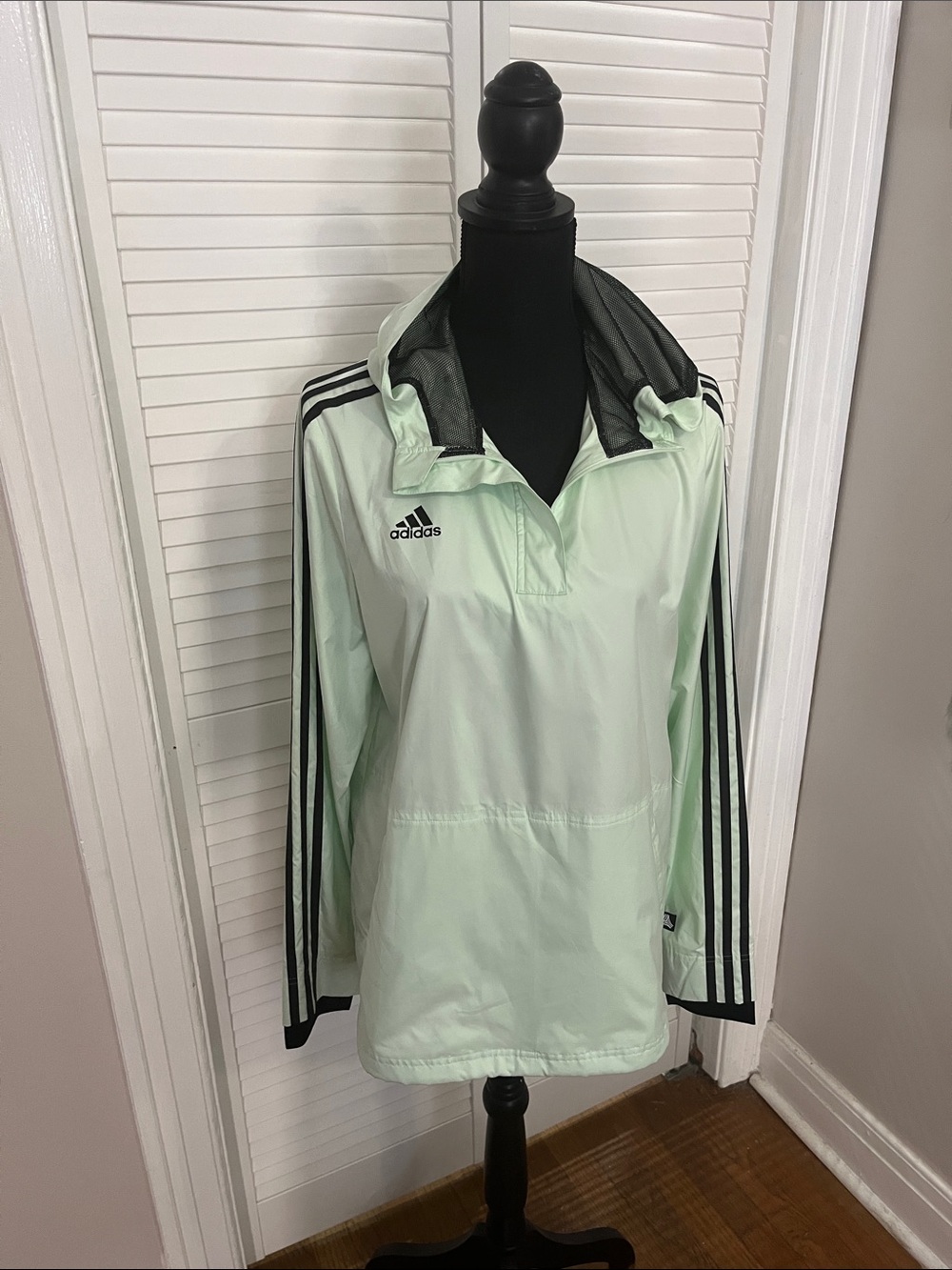 Adidas Mint Green Pullover Windbreaker with Black Stripes